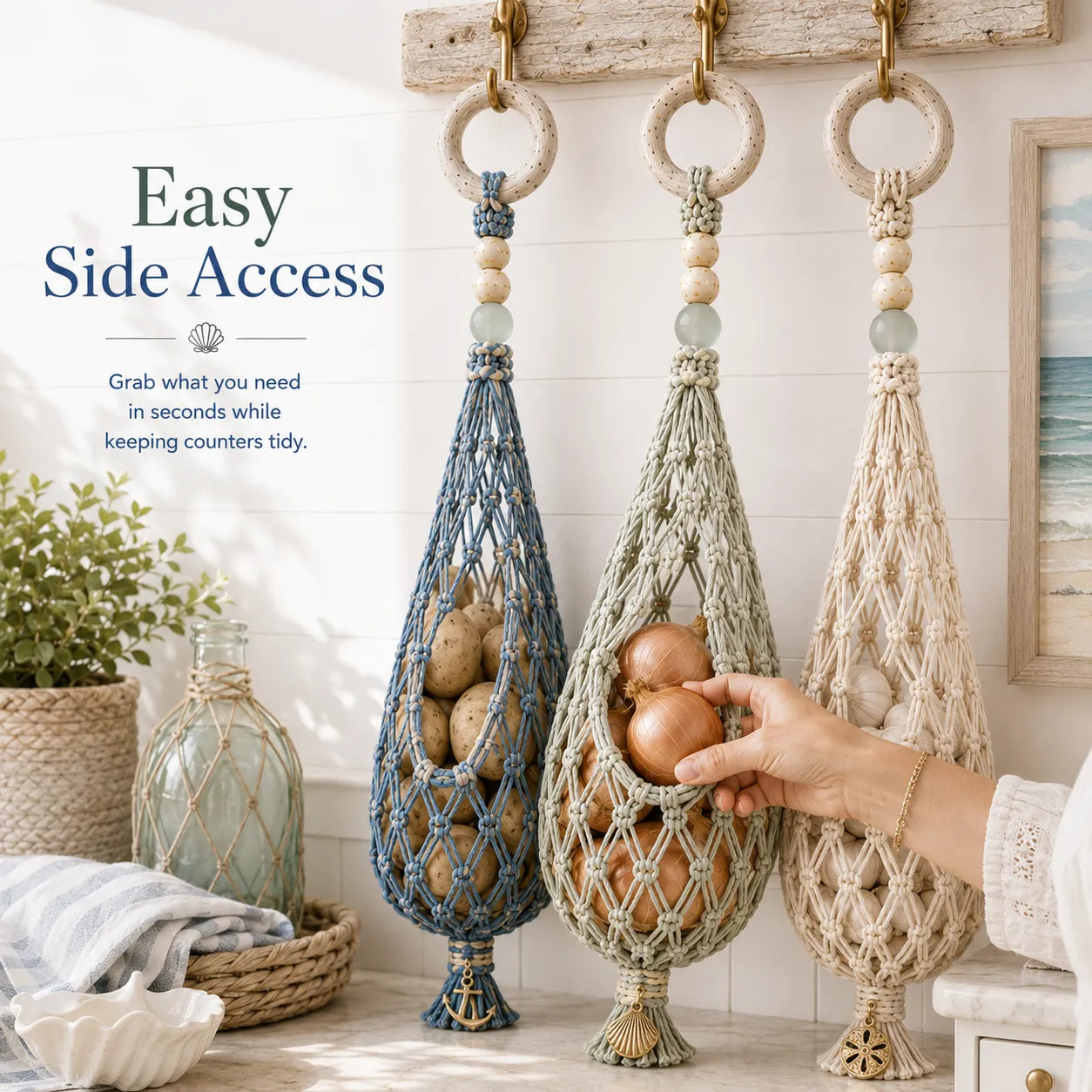 🌊 🥔 Coastal Hanging Produce Storage – Handwoven Breathable Organizer with Easy Side Access