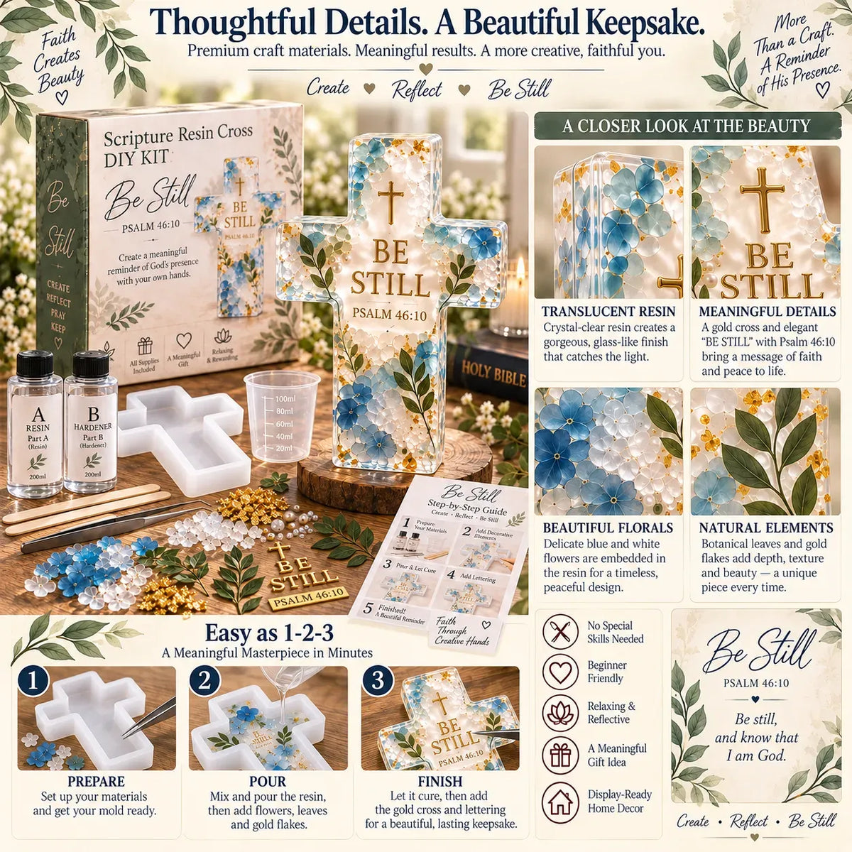 ✝️ Beginner-Friendly Be Still Scripture Resin Cross DIY Kit | Complete Kit with Cross Mold, Two-Part Resin, Florals, Gold Accents, Tools & Step-by-Step Guide Included 💕