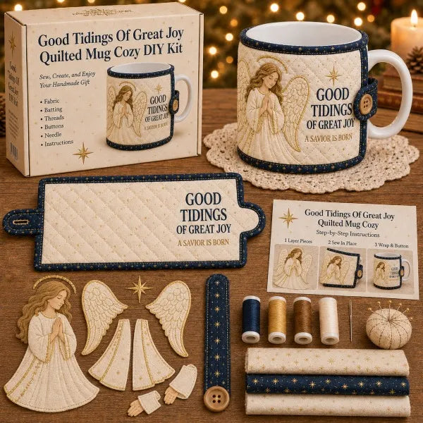 ✝️ Beginner-Friendly Christmas Faith Mug Cozy Sewing Kit | 6 Christian-Inspired Designs with Fabric Pieces, Batting, Appliqué, Thread, Buttons, Needle & Step-by-Step Guide Included 💕