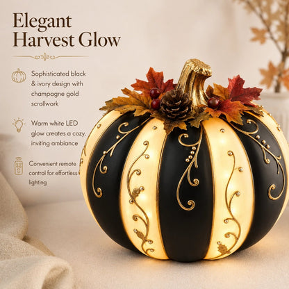 Lighted Black & Ivory Pumpkin Decor with Remote