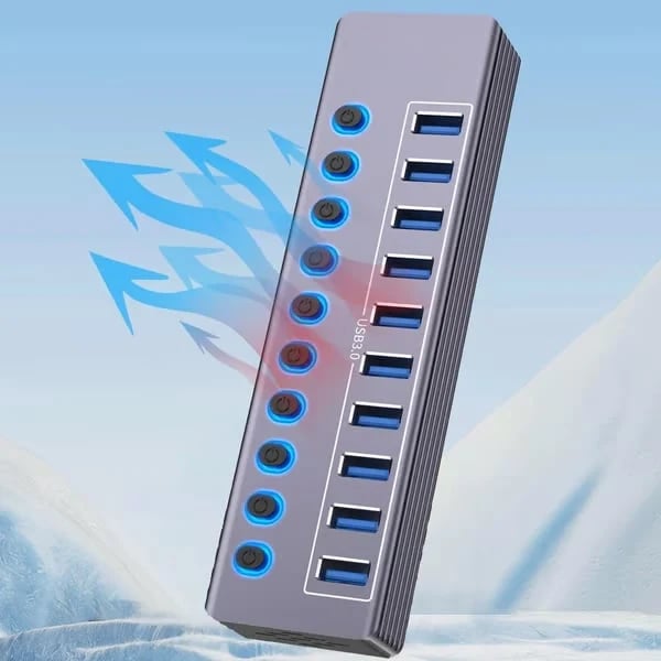 Powered 10-Port USB 3.0 Hub, USB C to 10 Ports USB Data Hub Splitter with Individual LED On/Off Switche, 3.3FT Cable, 12V/3A Power Adapter