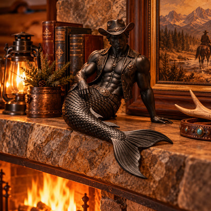 🤠🧜‍♂️⭐ Western Cowboy Merman Figurine | Muscular Mermaid Cowboy Sculpture, Rustic Ranch & Coastal Fantasy Home Décor
