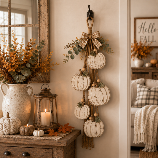 🎃 Rustic White Pumpkin Hanging Swag – 5-Pumpkin Fall Door & Wall Decoration for Farmhouse Autumn Decor