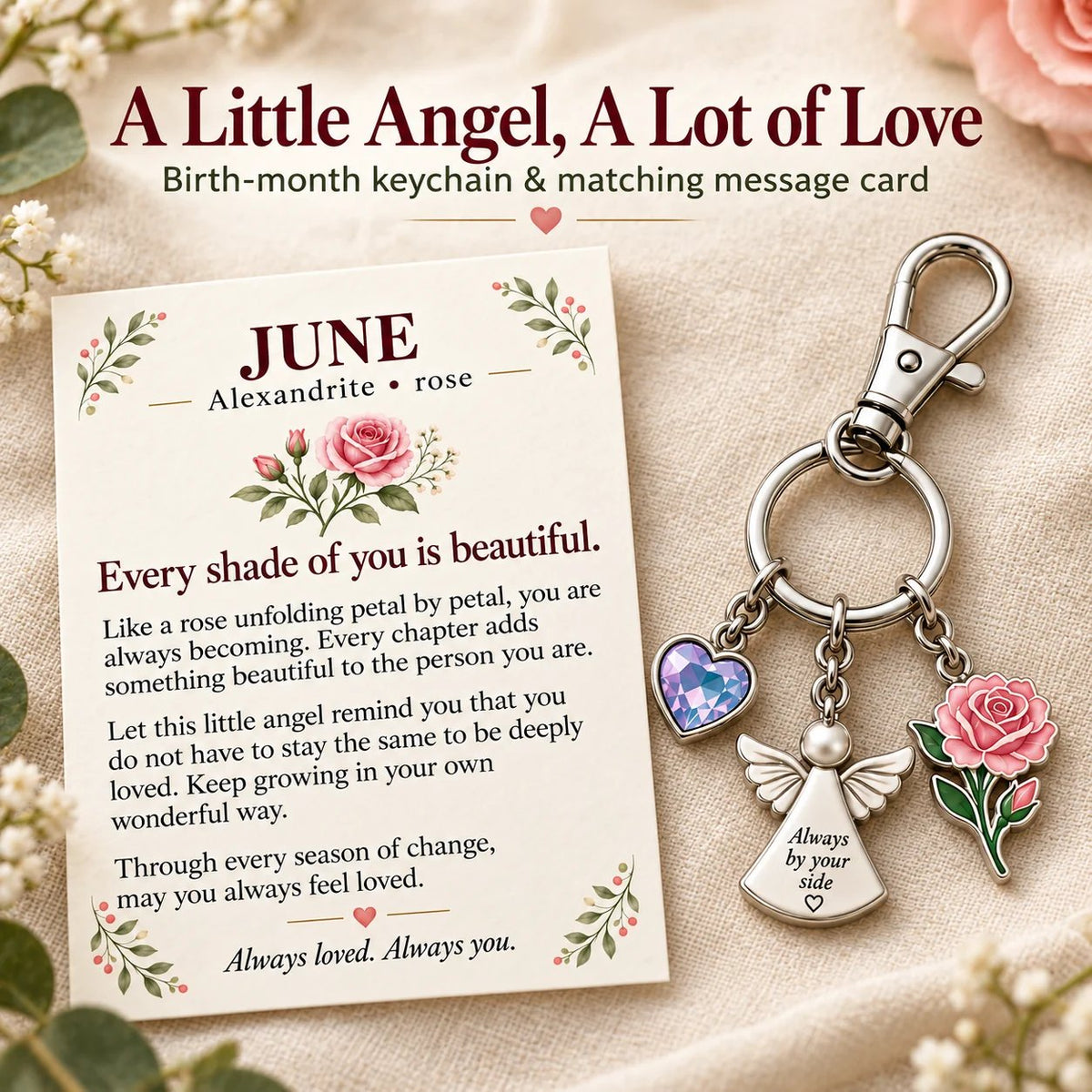 🔥LAST DAY 50% OFF - 👼 Always By Your Side: Birth Month Angel & Flower Keychain + Keepsake Card 🌸