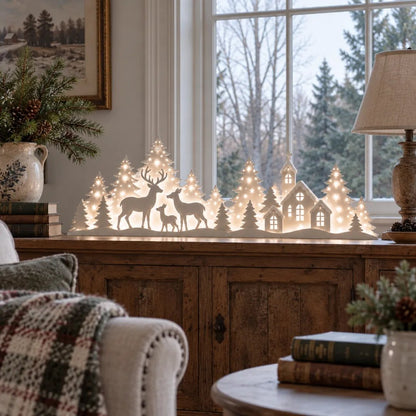 🦌 LED Christmas Deer & Village Window Decor | 2-Piece Lighted Scene