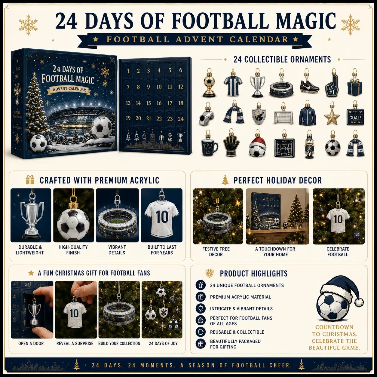 ⏳ Last Day 49% OFF – ⚽ Football Christmas Advent Calendar | 24 Collectible Acrylic Ornaments for Fans, Families & Holiday Displays 🎄