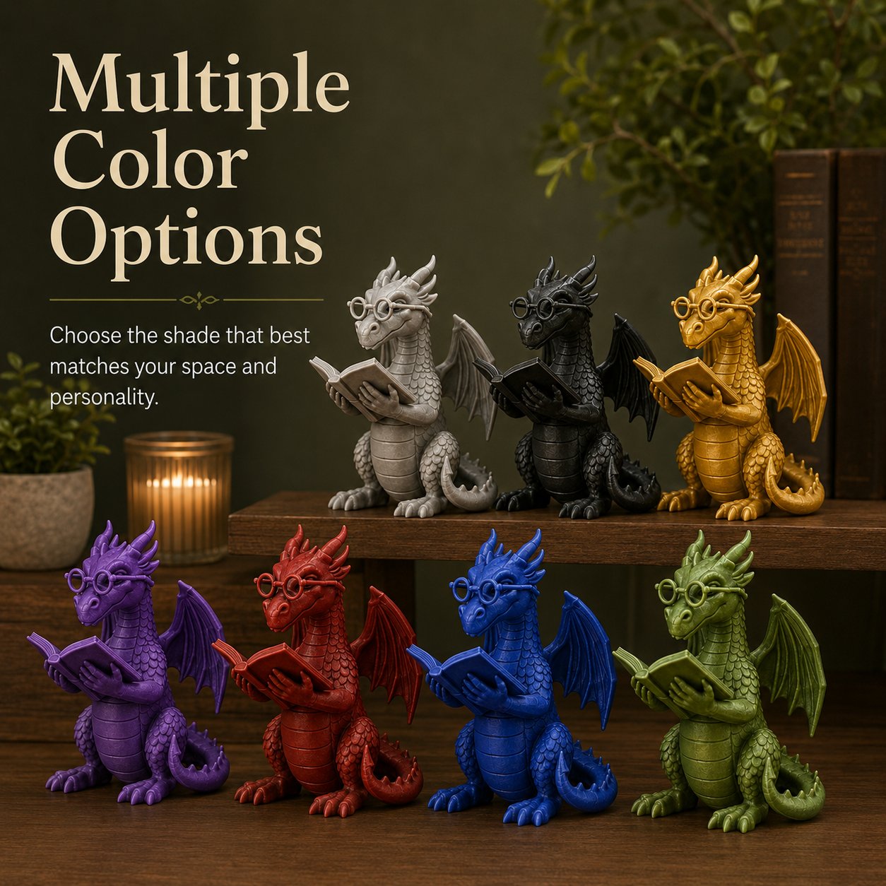 🐉 Reading Dragon Book Light Decoration, 12 cm Fantasy Dragon Figurine