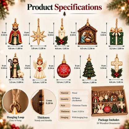 🎄 Set of 10 wooden ornaments featuring nativity and Christmas motifs