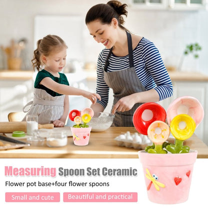 Ceramic Flower Measuring Spoons Set with Pink Pot Holder 🌸