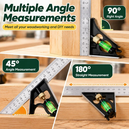 🔨Precision Combination Square Tool – 300mm Adjustable Carpenter Square with Built-In Level & Scriber for Woodworking DIY Projects