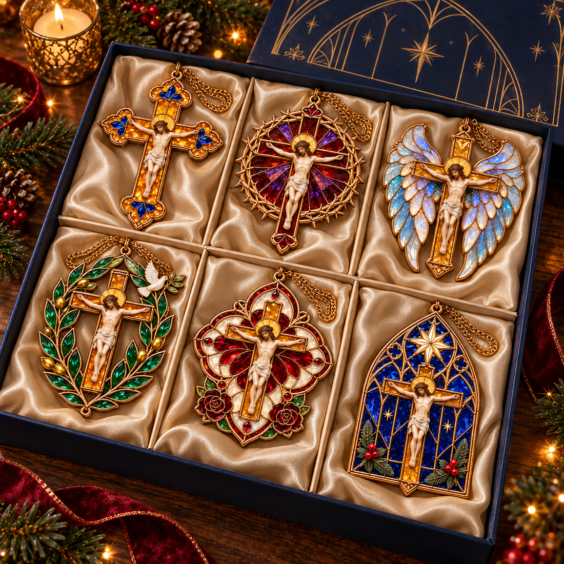 Stained-glass-style crucifix ornament detail