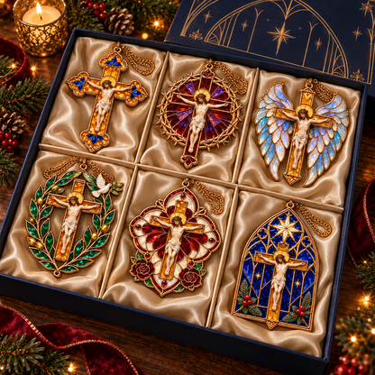 2026 Sacred Light — Vintage Stained Glass–Style Crucifix Christmas Ornaments | Set of 6