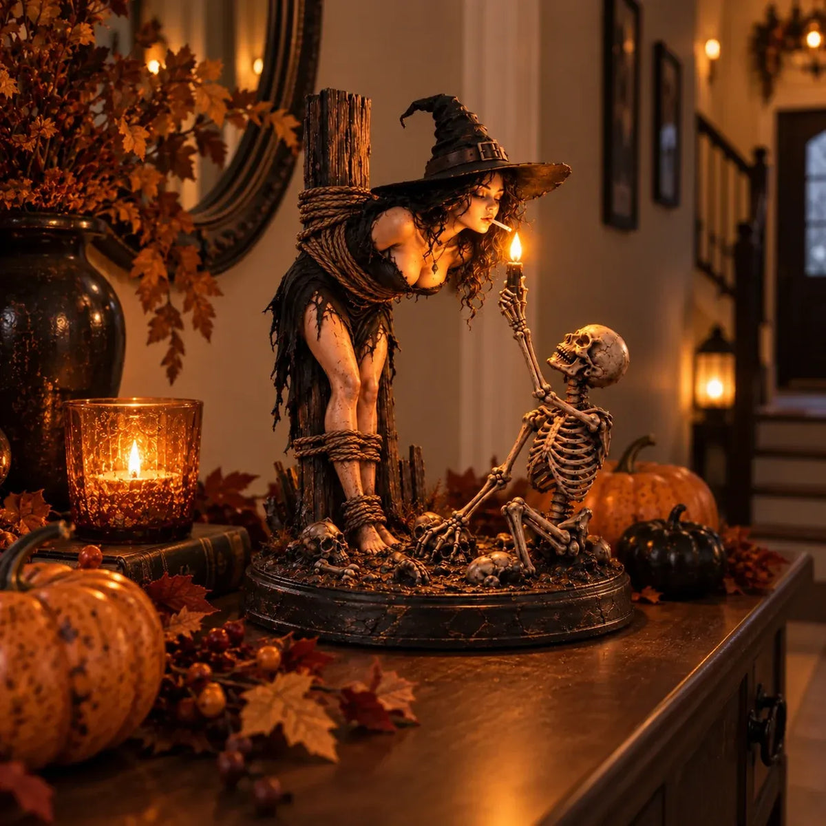 ⏳ Last Day 49% OFF – 🖤 Light-Up Witch & Skeleton Gothic Figurine | Dark Halloween Tabletop Scene with Glowing Flame Detail 🔥