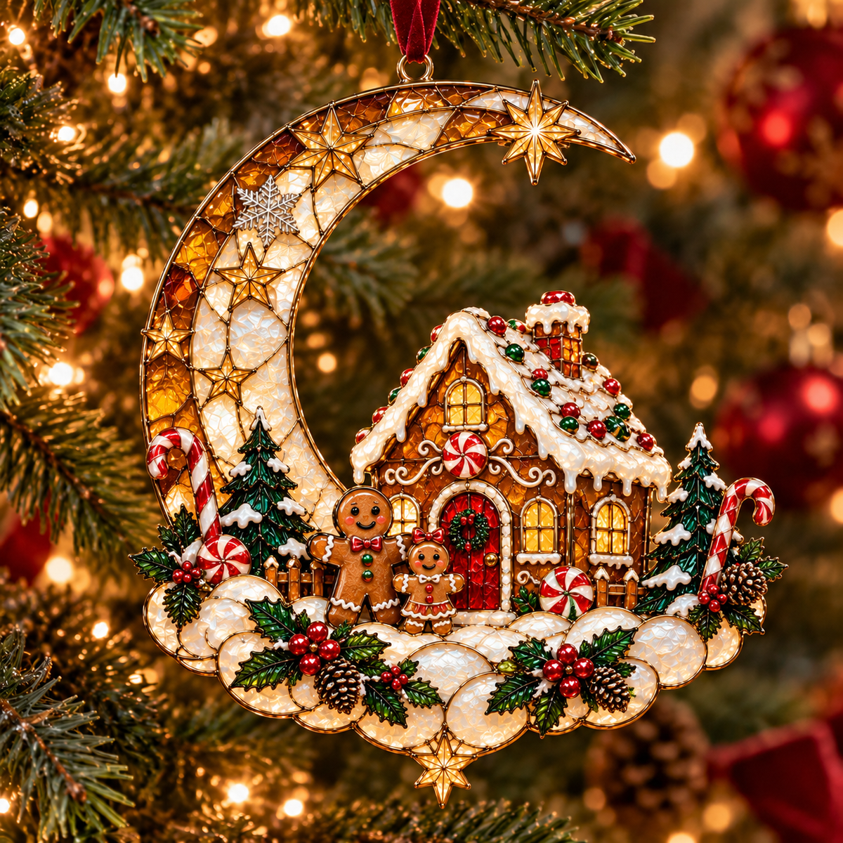 🌙 Moonlit Christmas – 6-Piece Storybook Crescent Moon Ornament Set