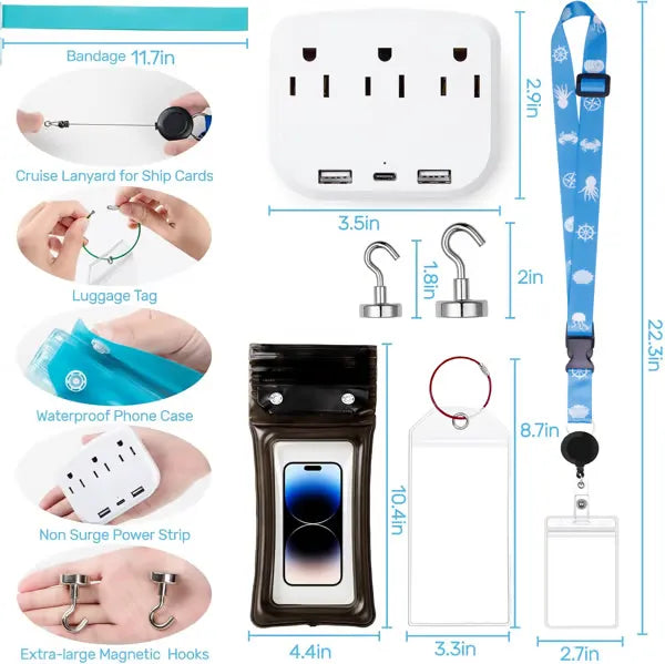 Cruise Essentials 2026- Cruise Must Haves Kit with Non-Surge Protector Power Strip, Lanyard with ID Holder, Magnetic Hooks, Luggage Tag Set, Towel Bands, Waterproof Phone Holder