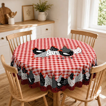 🔥HOT SALE🔥🐓 Farmhouse Rooster Tablecloth – Red Buffalo Plaid Chicken Table Cover, Spill Proof & Scalloped Lace Edge ✨