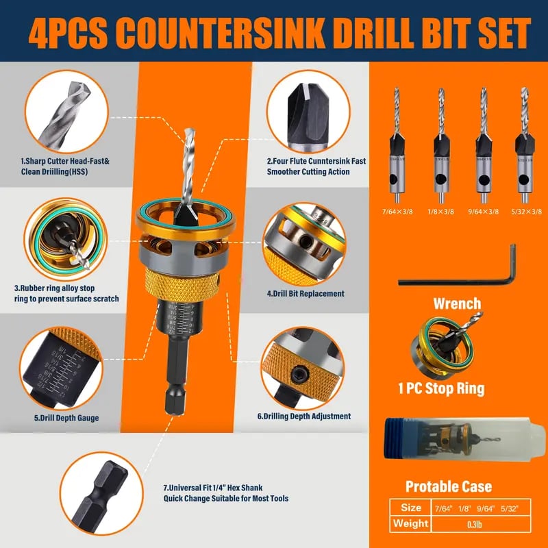 Adjustable Countersink Drill Bit Depth Stop Kit  | 4-Flute Wood Drilling Bits
