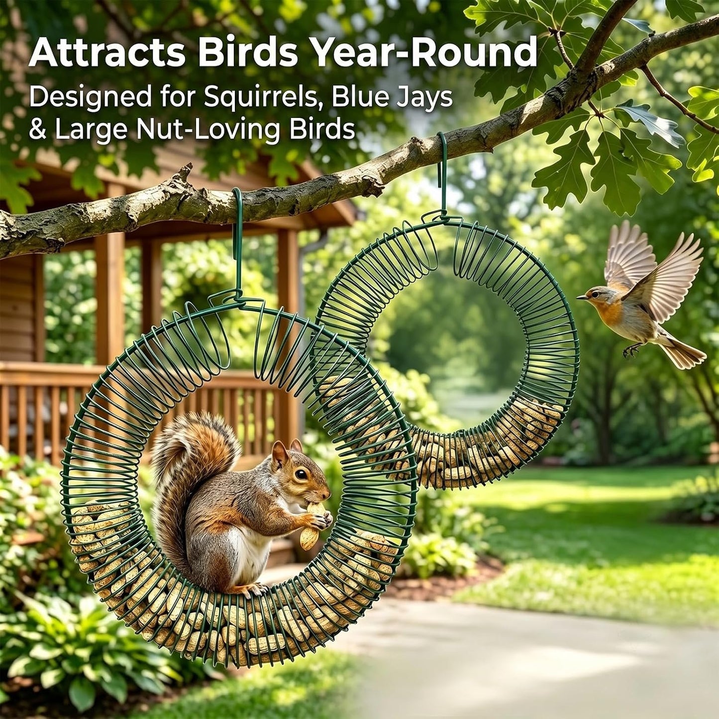 Hanging Peanut Wreath Bird Feeder, Metal Round Feeder for Outdoor Birds & Squirrels Feeding, Whole Peanut Ring Bird Feeder with Hanging Hook, Rustproof & Weatherproof