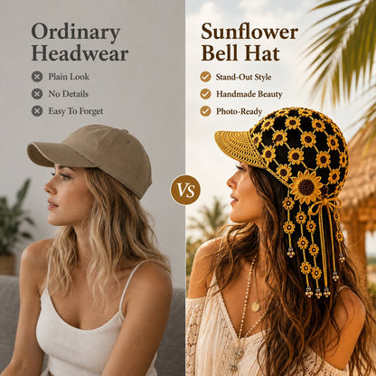 Handmade Crochet Sunflower Tassel Bell Hat | Adjustable Boho Festival Headpiece，Lightweight For Vacation & Photoshoots