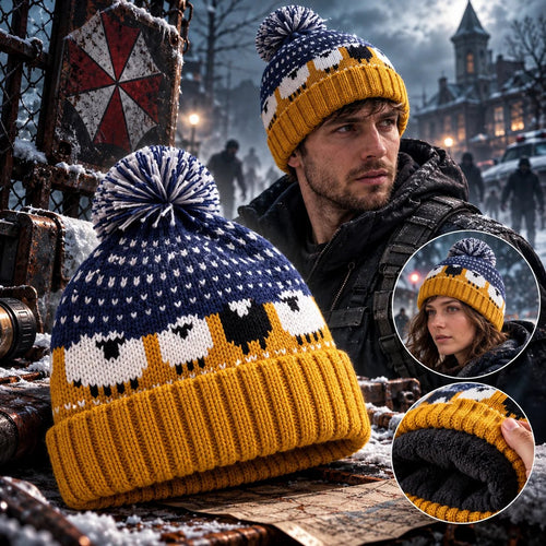 Movie-Inspired Sheep pattern Knit Beanie Hat with Pom Pom