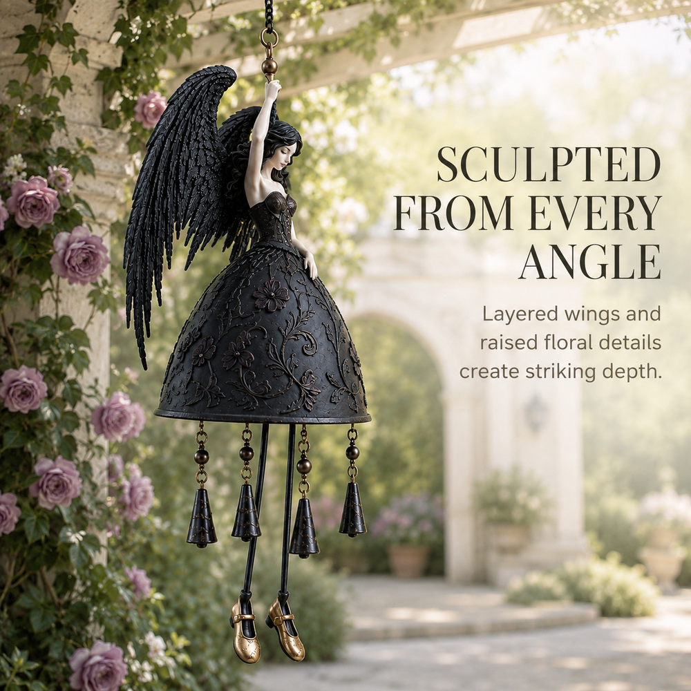 Detailed black gothic angel wind chime