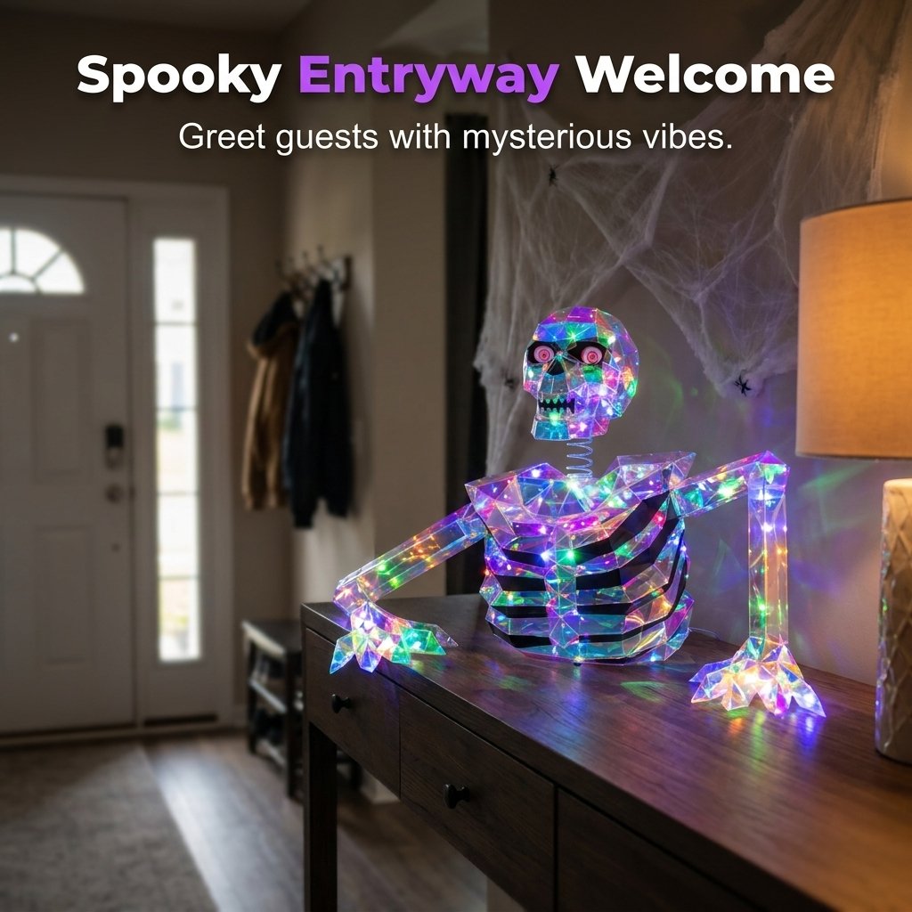 🔥HOT SALE🔥Giant Crystal Effect Skeleton Halloween Decoration - 116cm Wide Light-Reflecting Oversized Skeleton Centerpiece with 3m Power Cable - Mysterious Glow Decor for Home Entryway, Living Room & Spooky Party