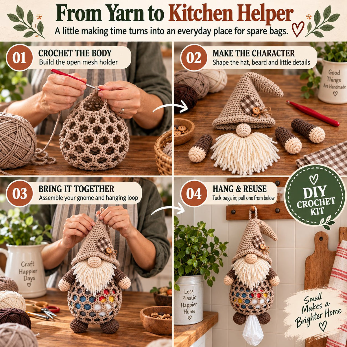 ⏳ Last Day 49% OFF – 🧶 Beginner-Friendly Gnome Crochet Bag Holder DIY Kit | 6 Charming Designs with Yarn, Tools & Guide Included 🍄