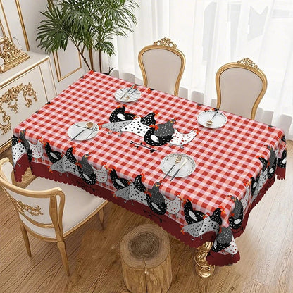 🔥HOT SALE🔥🐓 Farmhouse Rooster Tablecloth – Red Buffalo Plaid Chicken Table Cover, Spill Proof & Scalloped Lace Edge ✨