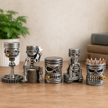 💀 Industrial Mechanical Skull Resin Sculpture – Gear, Wrench & Chain Gothic Décor