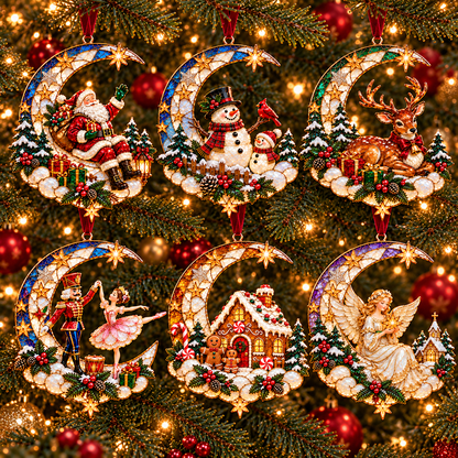 🌙 Moonlit Christmas – 6-Piece Storybook Crescent Moon Ornament Set