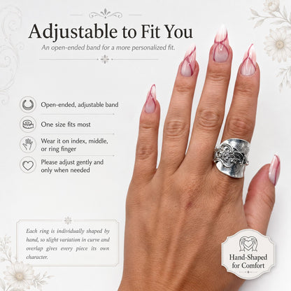 ✨ Handmade Adjustable Sterling Silver Spoon Ring – Norwegian Swirl with Daisy Design, Crafted from Vintage Silverware
