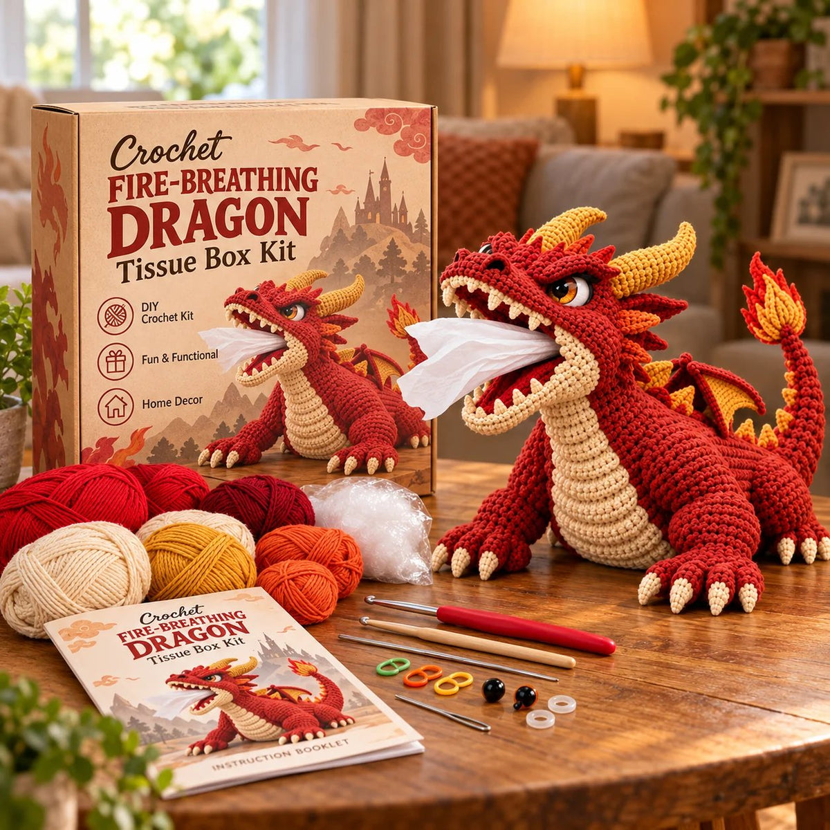 Fantasy Crochet Tissue Box Cover DIY Kit | Pull Tissues From a Dragon’s Mouth or Turtle’s Volcano
