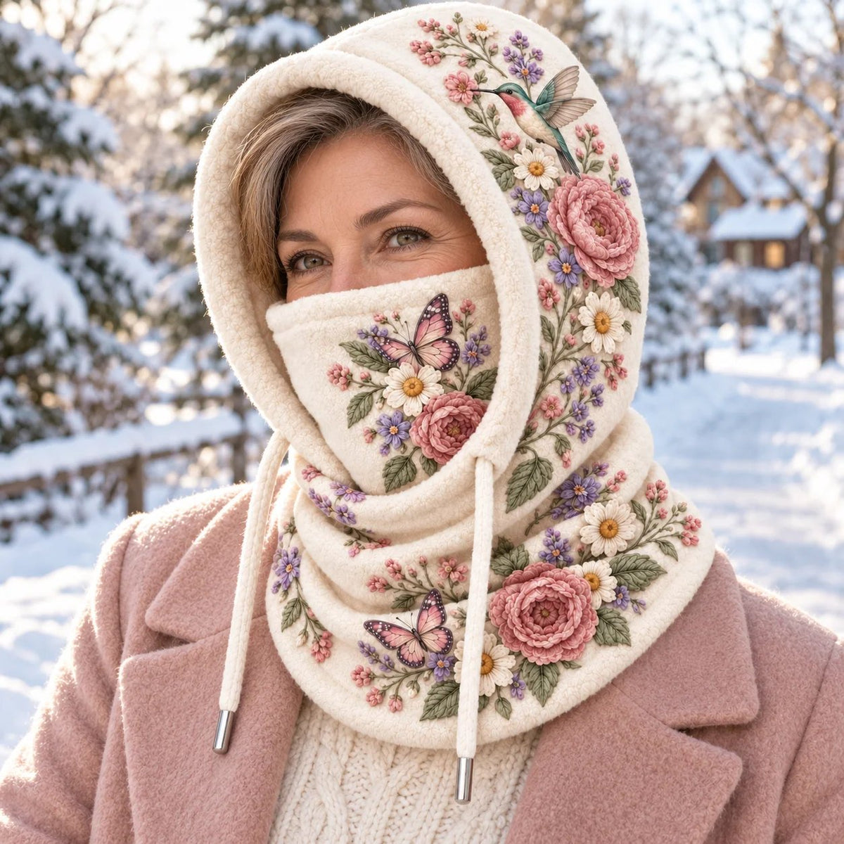 🌸 Women’s Floral 3-in-1 Winter Hood – Fleece-Lined Hat, Face Cover & Neck Warmer