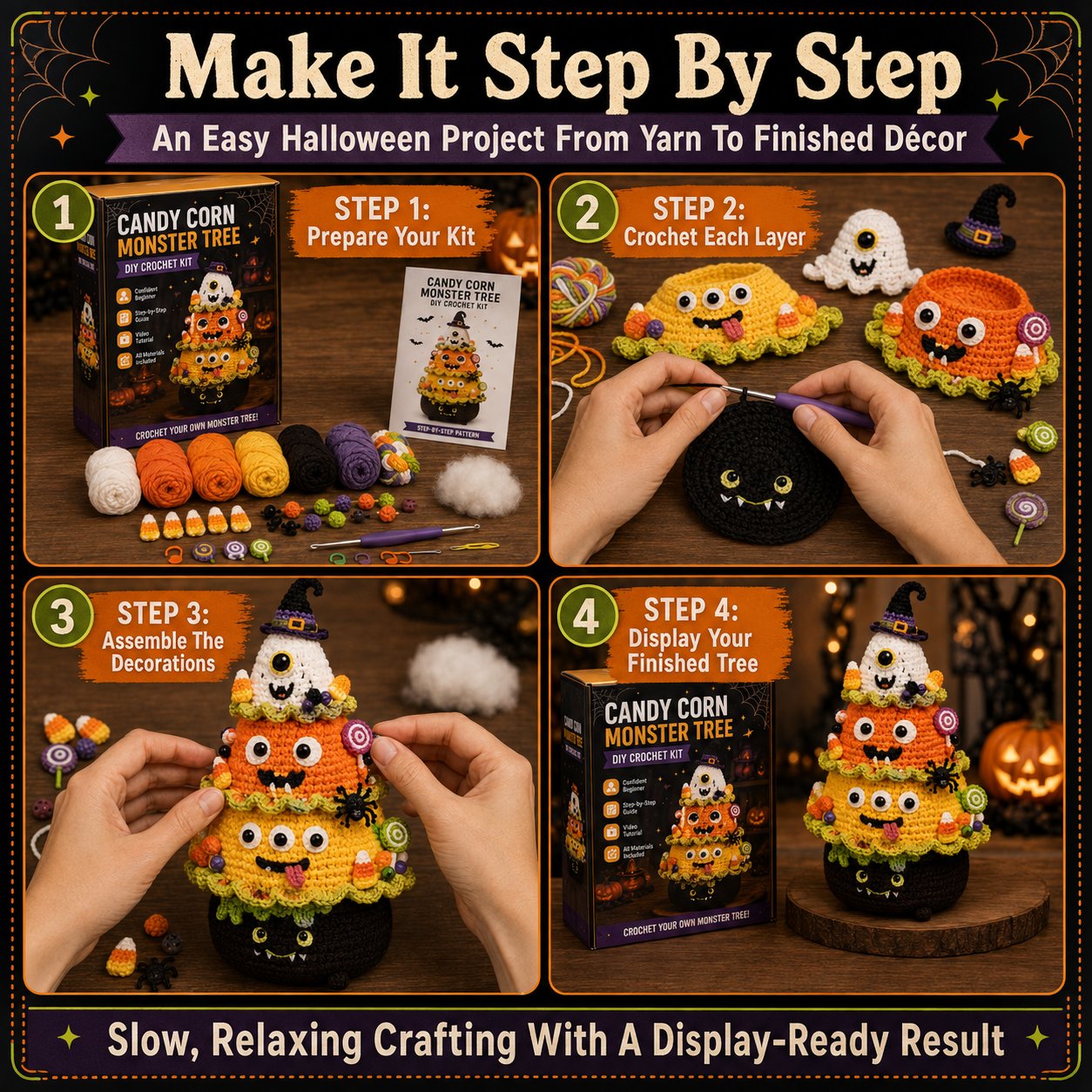 🎃 Halloween Tree DIY Crochet Kit | All-In-One Kit for a Layered 7-Inch Spooky Tabletop Decoration 🧶👻✨