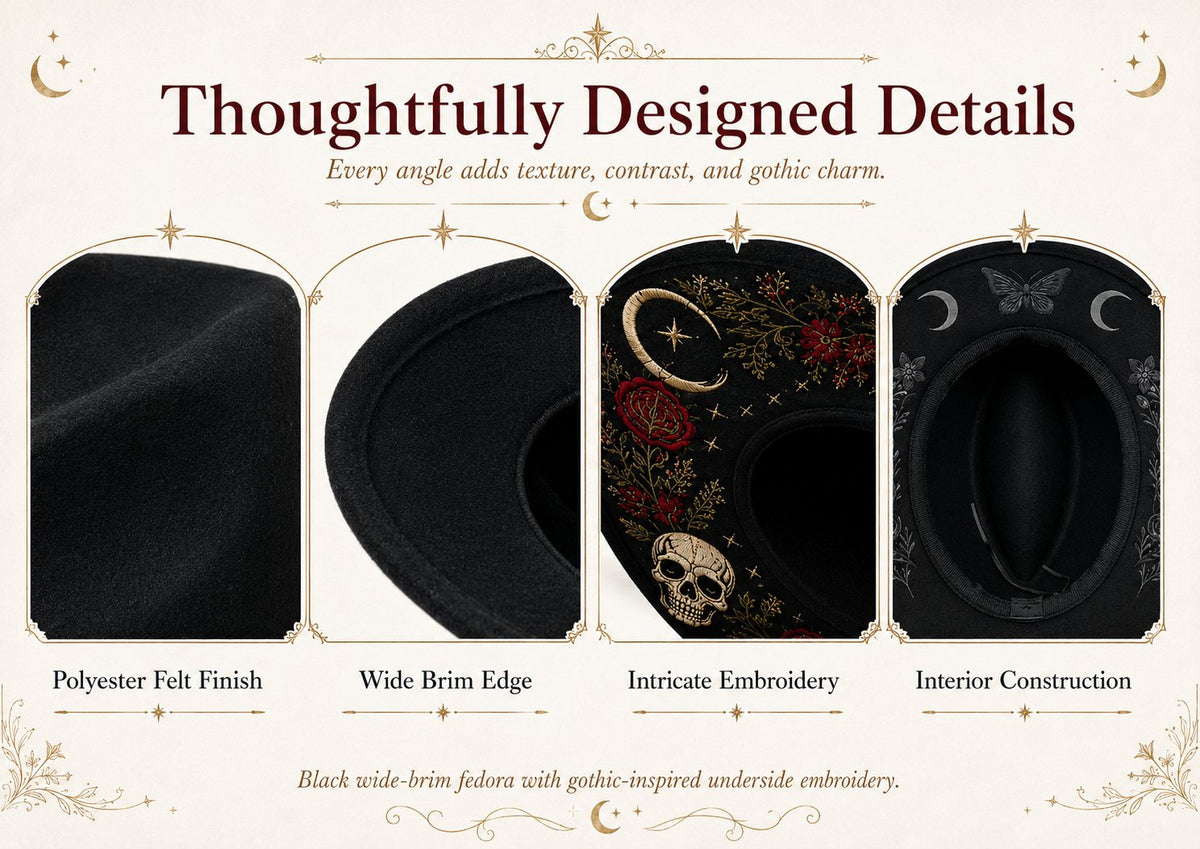 🎃 Gothic Embroidered Wide Brim Fedora Hat 🖤🌙