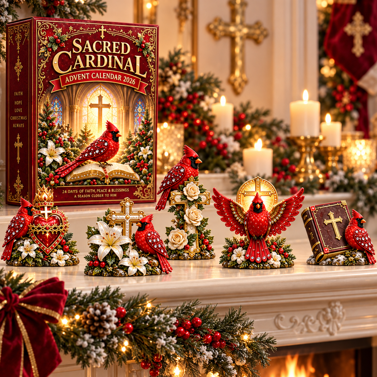 Sacred Cardinal Christmas figurines displayed on a holiday mantel