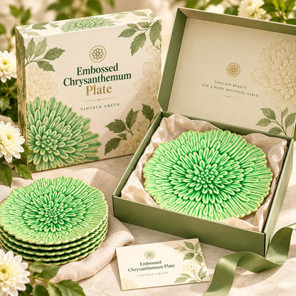 Vintage Green Embossed Chrysanthemum Dinner Plate, Majolica Style Ceramic, 11 Inch