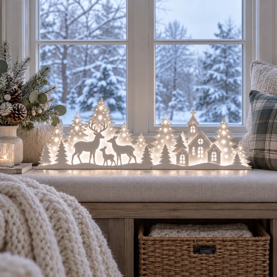🦌 LED Christmas Deer & Village Window Decor | 2-Piece Lighted Scene
