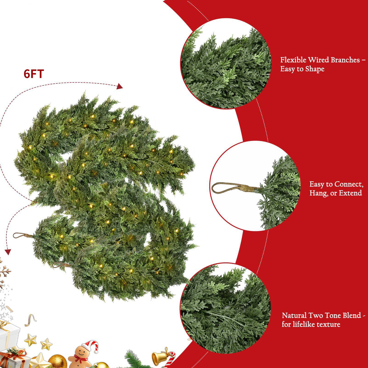 🎄 Pre-Lit Cedar Garland – Warm White Holiday Greenery