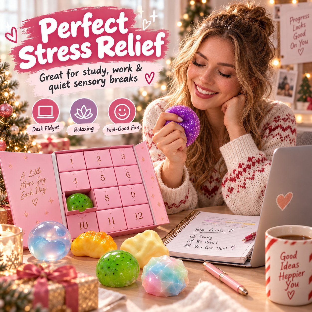 Person squeezing a purple textured squishy beside a laptop and the pink 12-door calendar.