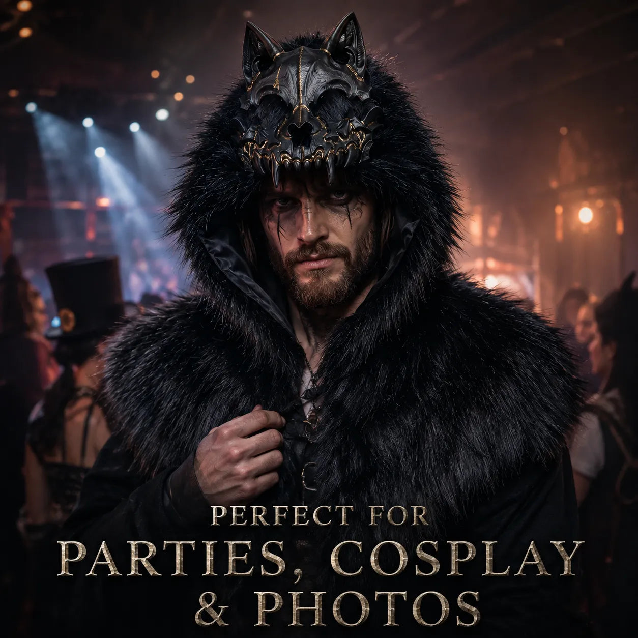 🐺 Viking Wolf Skull Faux Fur Hooded Cape – Halloween Cosplay Costume