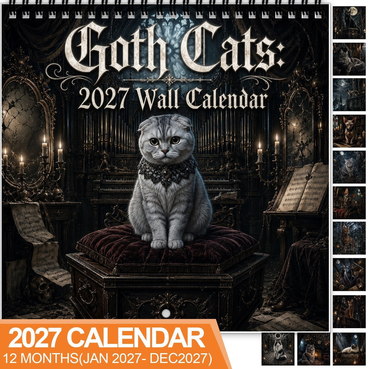 🐈‍⬛2027 Gothic Cat Wall Calendar – Dark & Mystical Cat Art Calendar for Home Decor & Cat Lovers
