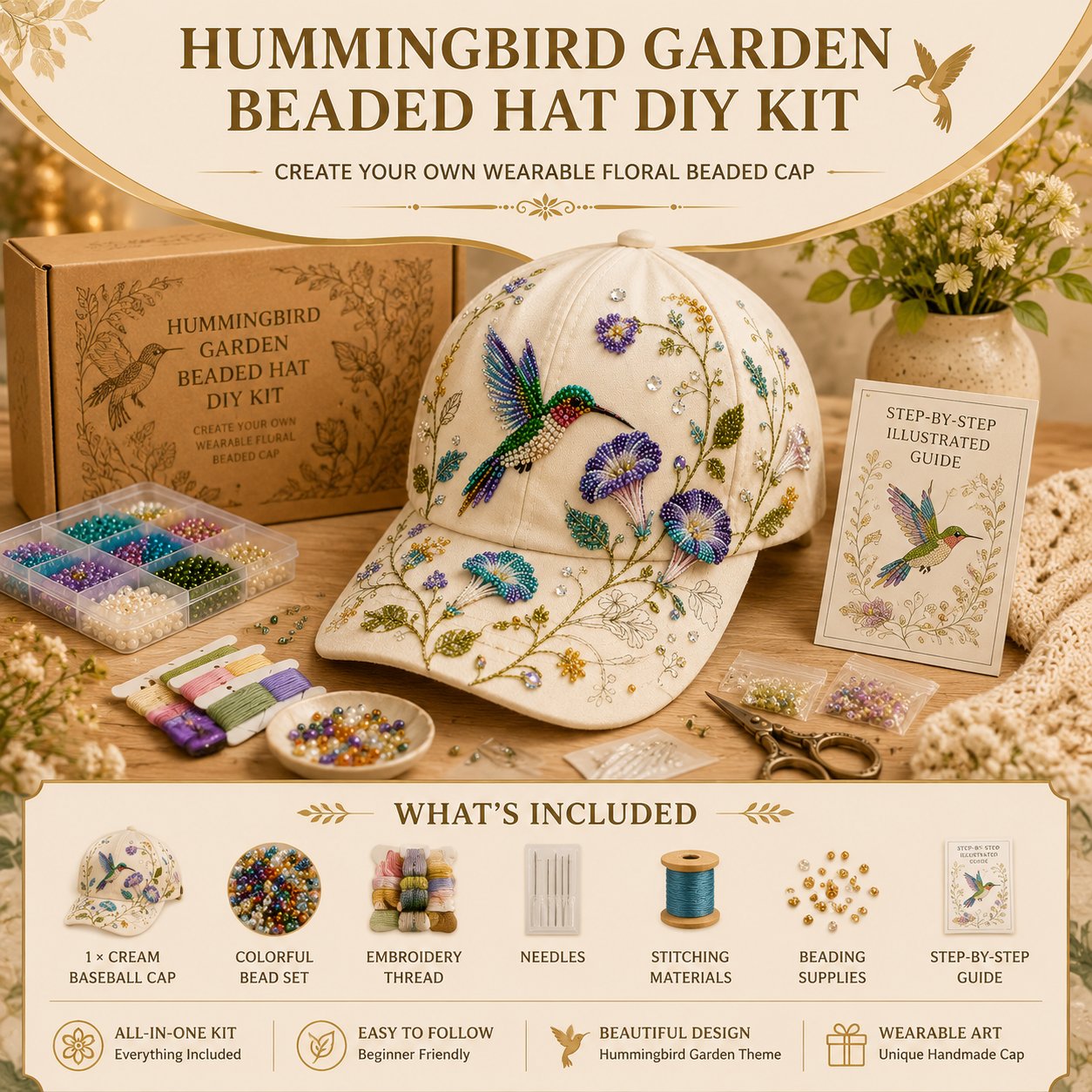 🧢🌸 Premium Hummingbird Garden Beaded Hat DIY Kit | Luxury Flocked Canvas with Scratch-Resistant Non-Fading Pearl Beads DIY Handmade Floral Cap Decor 🌿🪡✨