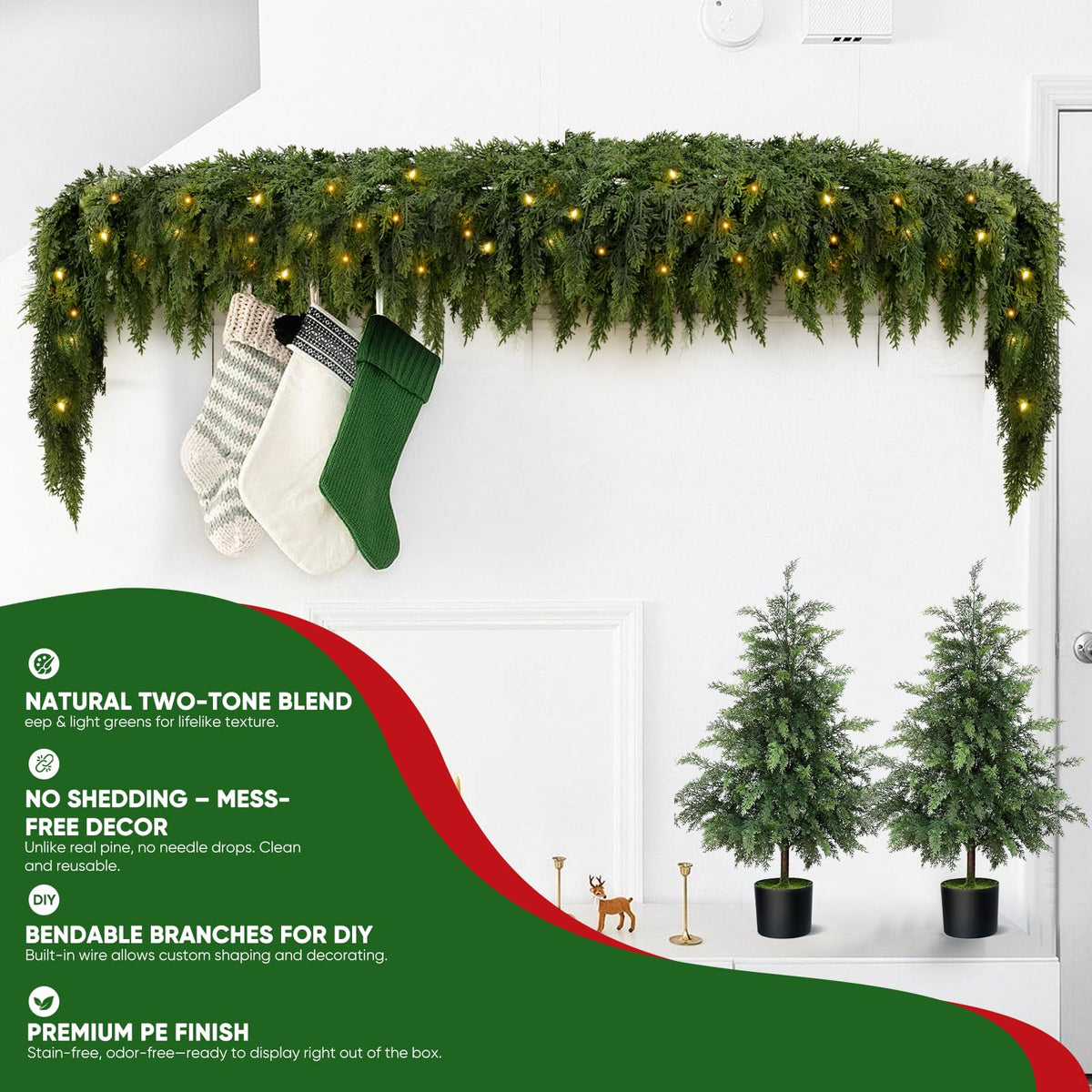 🎄 Pre-Lit Cedar Garland – Warm White Holiday Greenery