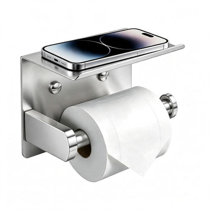 Toilet Paper Holder with Shelf ¨C No-Drill, Fits Mega Rolls, Matte Black or Silver