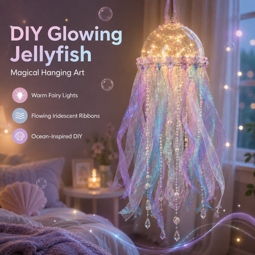 🎁 BUY 2 & GET FREE SHIPPING – 🪼 DIY Glowing Jellyfish Hanging Decoration Kit | Dreamy Floating Glow with Iridescent Ribbons, Pearls & Fairy Lights ✨