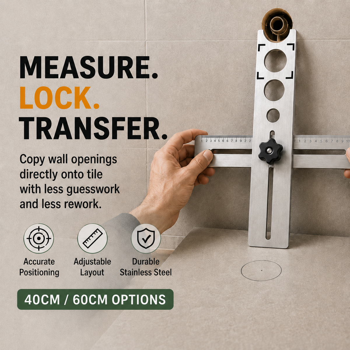🛠️ Stainless Steel Tile Positioning Ruler – Adjustable Drill Guide & Precision Measuring Tool