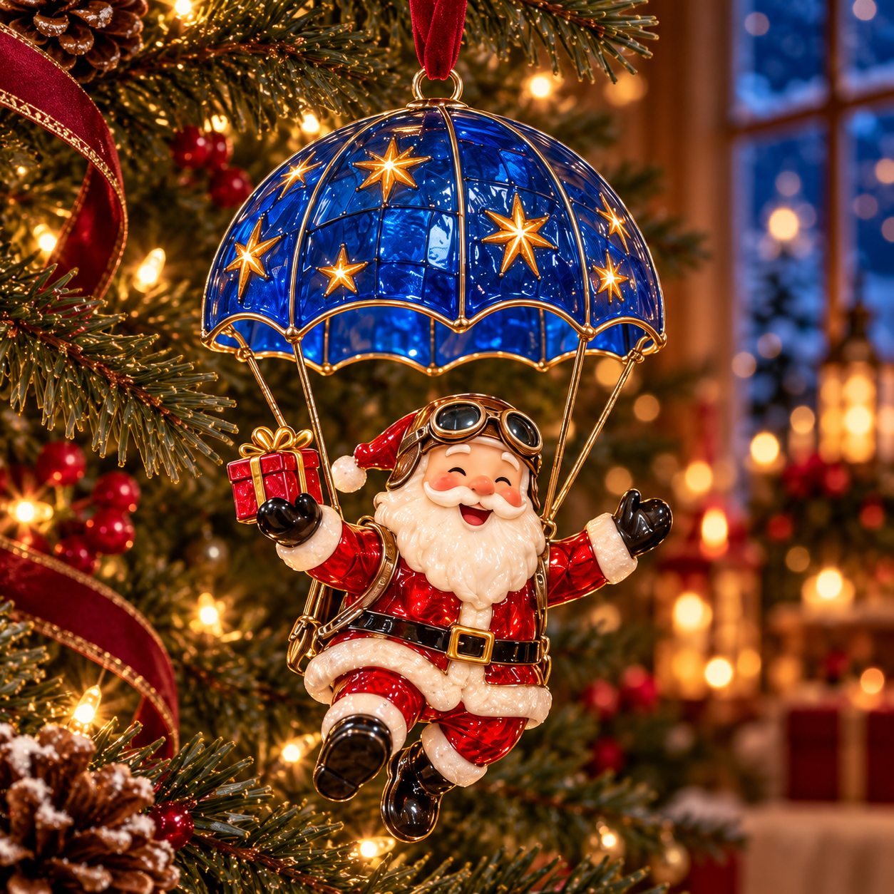 Starry Night Santa navy blue parachute ornament