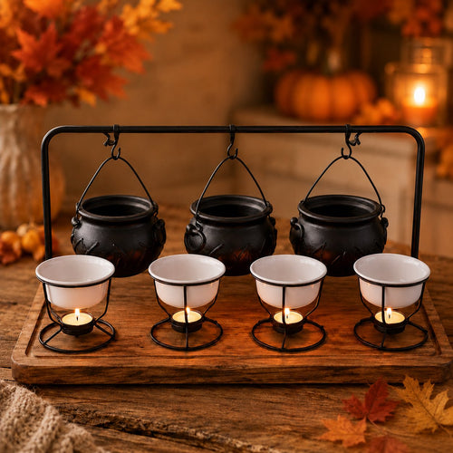 Halloween Caramel Apple Dip Station - Hanging Witch Cauldron & Ceramic Candlelit Fondue Warmer Set
