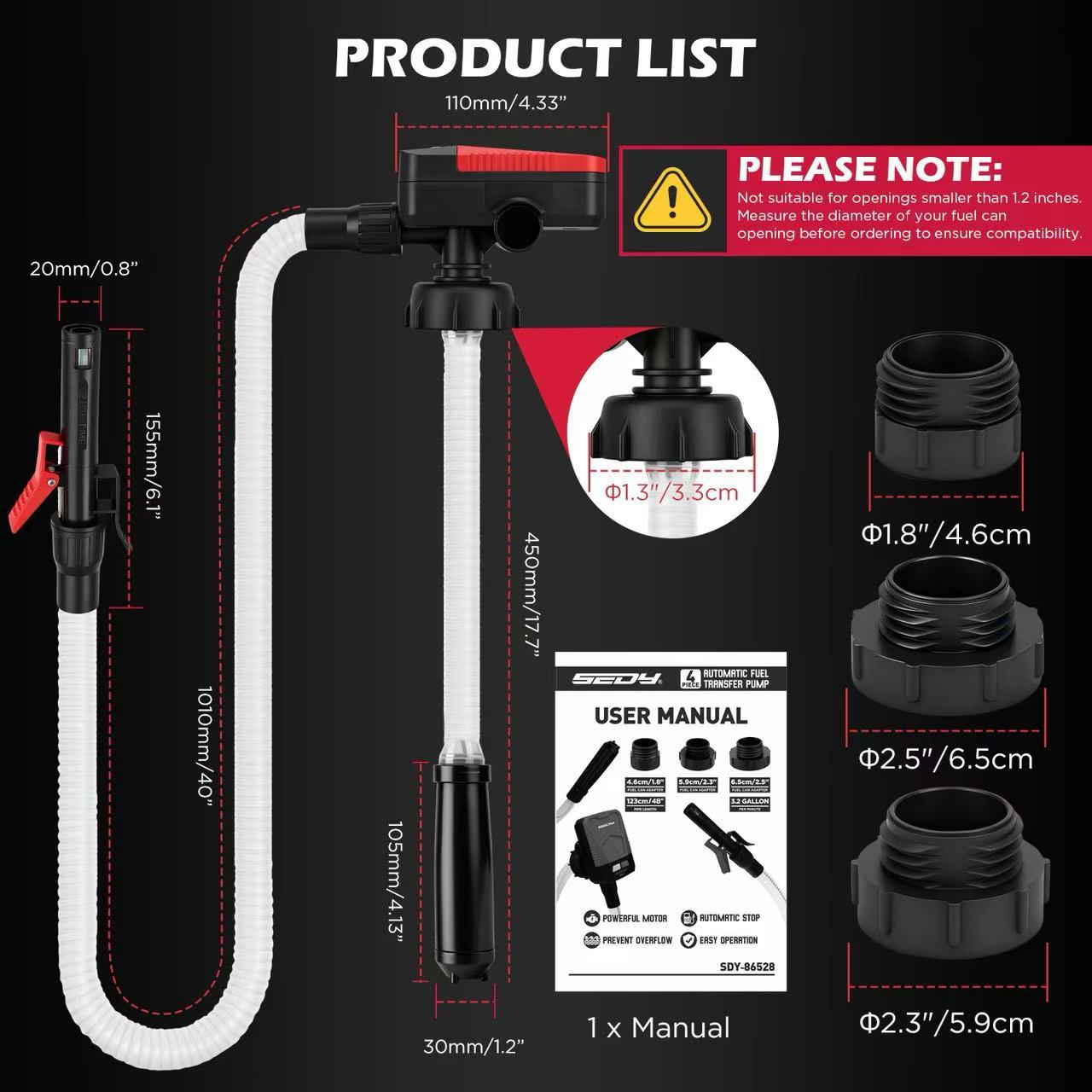 Portable Automatic Transfer Pump 3.2 GPM – Electric Battery Powered Liquid Transfer with Auto-Stop Sensor & 3 Adapters